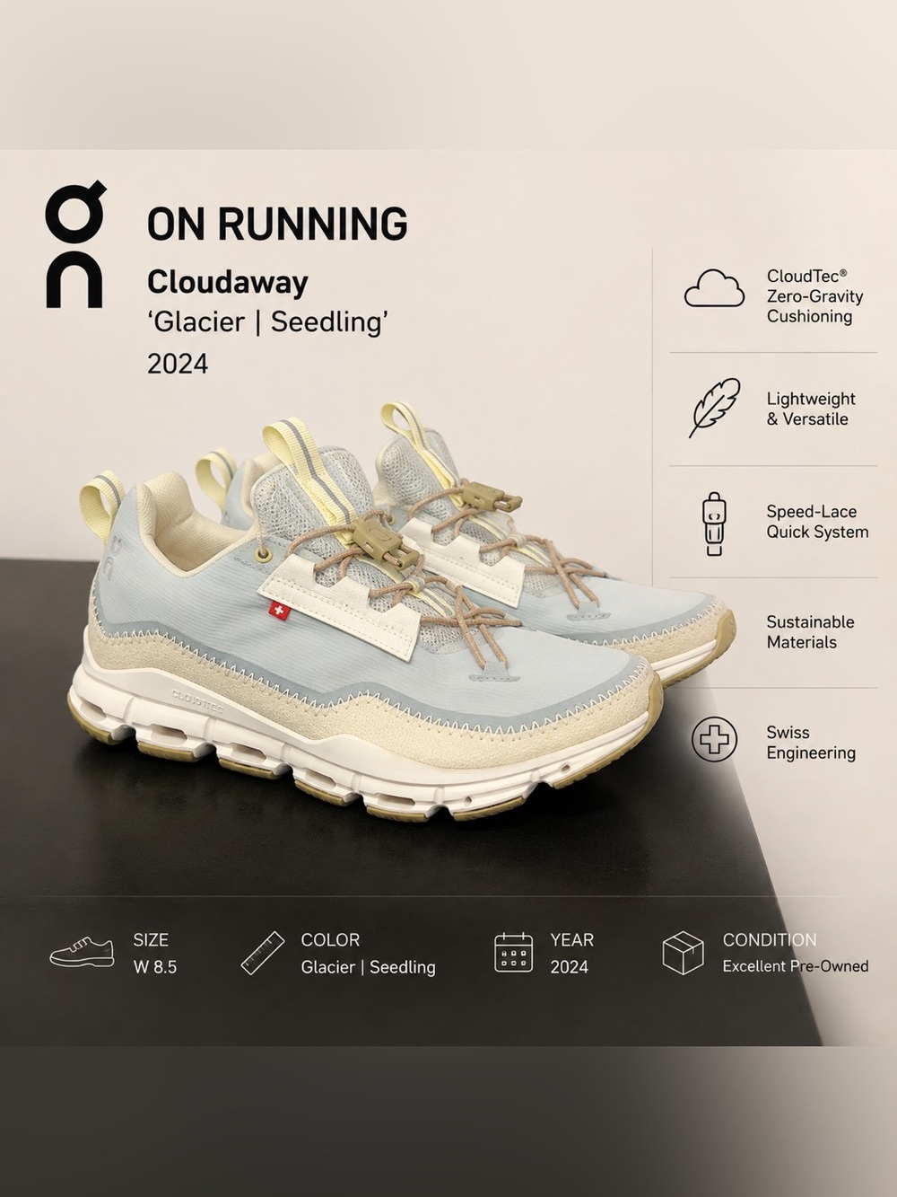 2024 On Cloudaway Glacier Seedling Women’s 8.5 CloudTec Travel Hiking Shoes